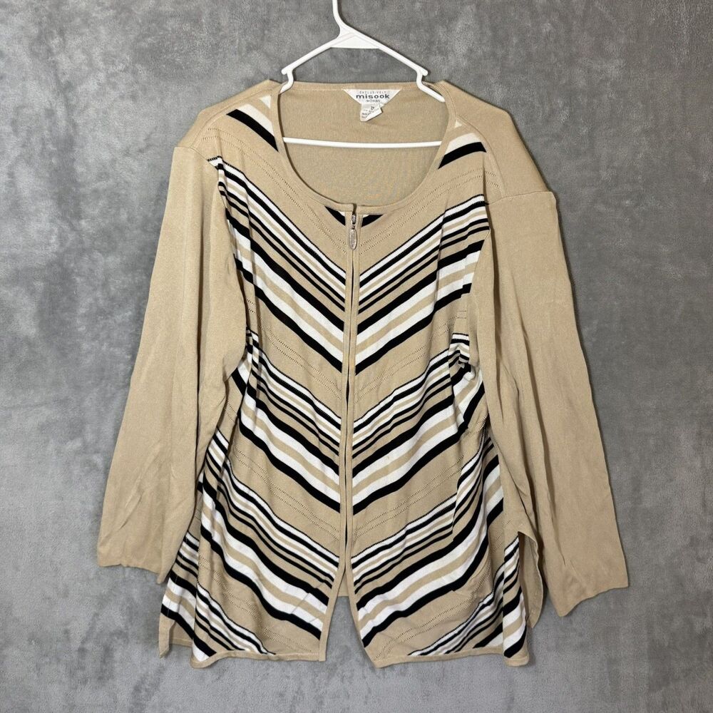 Exclusively Misook Women Beige Black Striped Tunic Sweater Zip Top 2X USA READ